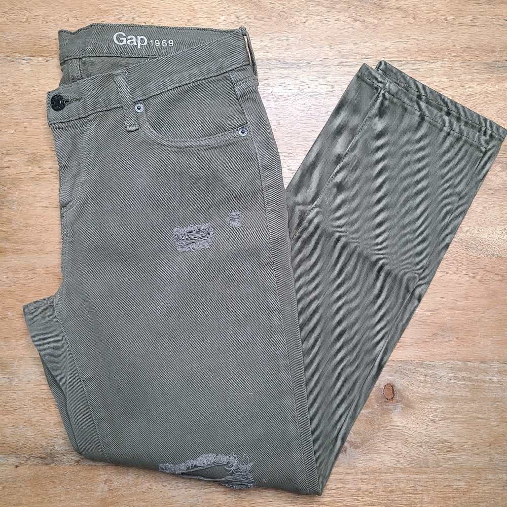 Gap 1969 Girlfriend Jeans 6 28 Regular Boyfriend Olive Green Distressed